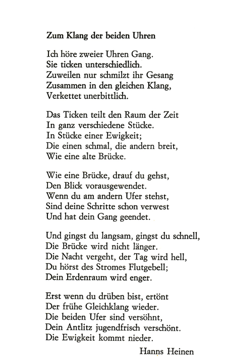 To the sound of the two clocks, poem by Hanns Heinen