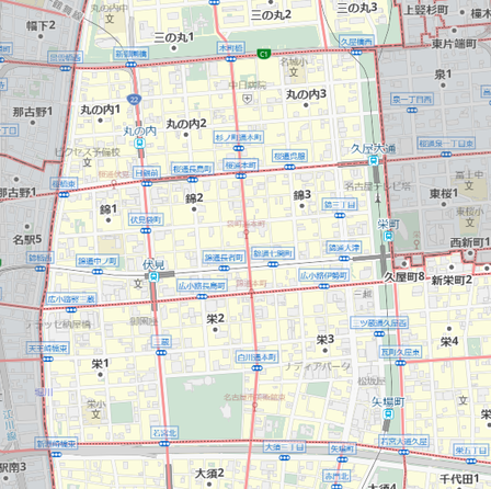 名古屋市中心部の地名(マピオン「境界線マップ」より)