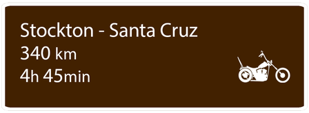 Motoglobe Motorradreisen Hinweistafel zur Route von Stockton nach Santa Cruz, Kalifornien, USA