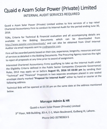 Tender Notice for Hiring of Internal Audit Services valid from 15th July 2016- 1st August 2016