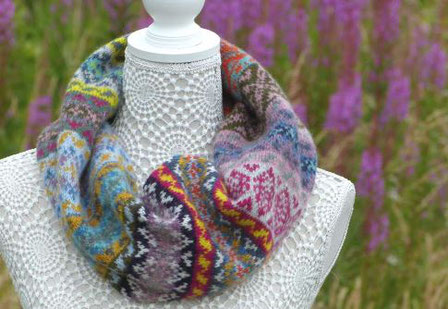 'Pic'n'Mix' knitted cowl in soft heather colours. Grey, blue, pink, green, yellow, cream, teal.