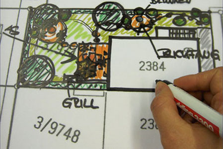 Sitzplatz im Garten, Sonnenschirm, Kiesplatz, Hortensie, Schatten