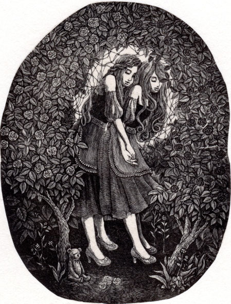 紅薔薇と白薔薇/ 木口木版/10×7.8cm/シート価格￥12,100(税込み)/額装込み￥16,400(税込み)