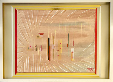 Abstraktes Gemälde "Rezeptivität" von Andreas Alka alias FLoYd, 2019, geometrisch-konstruktive Komposition auf Leinwand mit Strahlen und Farbakzenten, individuell gerahmt in Holzrahmen, Thema: Wahrnehmung und Empfänglichkeit der menschlichen Psyche.