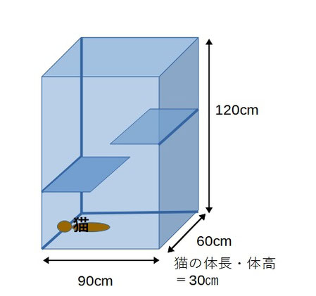 猫は体長・体高30㎝で１頭。一体型のケージサイズは、縦90㎝、横60㎝、高さ120㎝、棚が2つ。