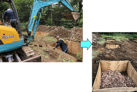 堆肥作り実験用の穴を掘る