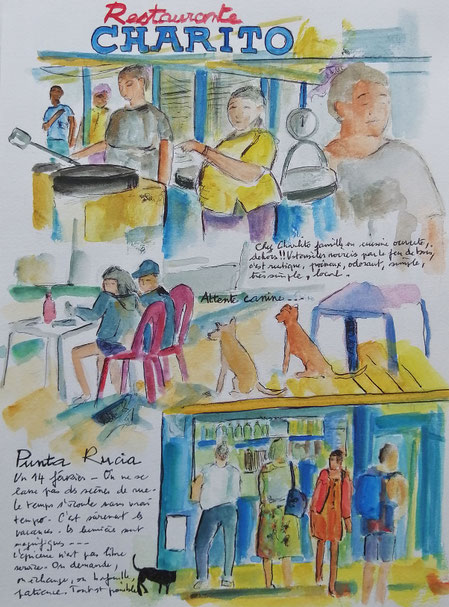 République Dominicaine : dessin du carnet de voyage d'Alex Leroux sur Punta Rucia et le restaurante Charito