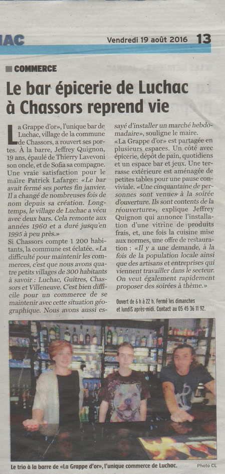 Article Charente Libre du 19 août 2016