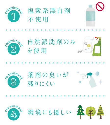 ①塩素系漂白剤不使用②自然派洗剤のみを使用③薬剤の臭いが残りにくい④環境にも優しいなちゅらるハウスクリーニング　化学物質過敏症　香害