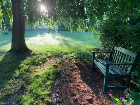 grüne Bank im Garten Haus Ananta