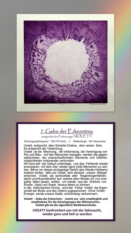 Fotocollage der Radierung sieben Gaben  mit Begleittext auf einem Regenbogen – Geistesgabe der Erkenntnis – Violett