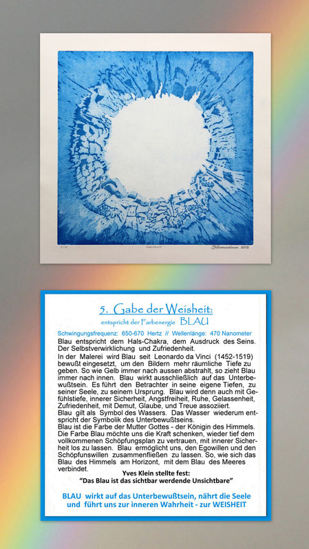 Fotocollage der Radierung sieben Gaben  mit Begleittext auf einem Regenbogen – Geistesgabe der Weisheit – Blau