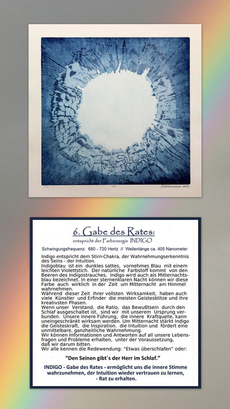 Fotocollage der Radierung sieben Gaben  mit Begleittext auf einem Regenbogen – Geistesgabe der Rat – Indigo