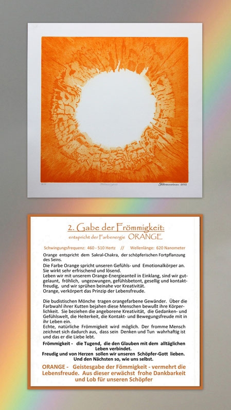 Fotocollage der Radierung sieben Gaben  mit Begleittext auf einem Regenbogen – Geistesgabe der Frömmigkeit – Orange