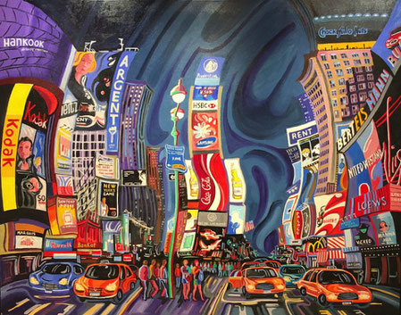 NOCHE EN TIMES SQUARE (NEW YORK). Huile sur toile. 116 x 146 x 3,5 cm.