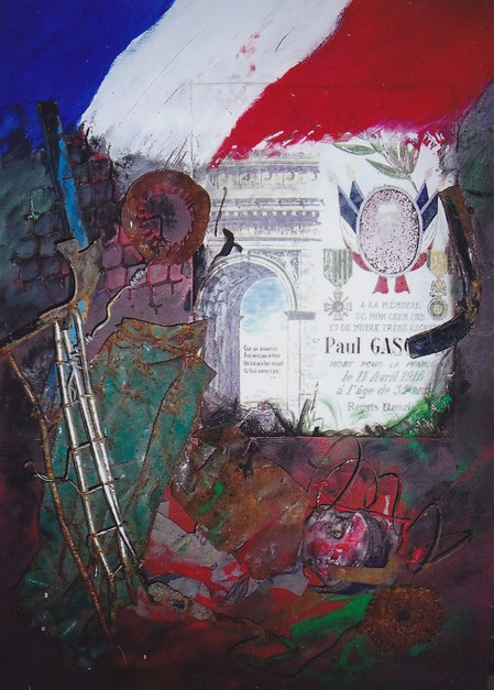 Assemblage sur tôle émaillée peinte rendant hommage au soldat Paul Gascon, mort pendant la guerre 1914-1918 