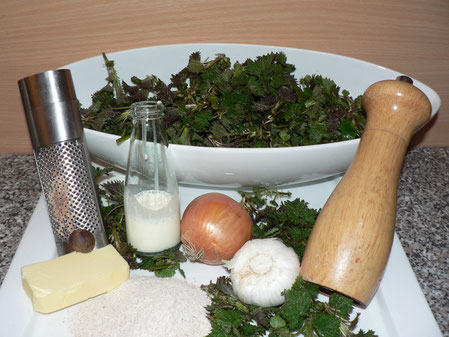 Brennnesselspinat Zubereitung, Gewürze, Zwiebel, Muskat, Knoblauch, Sahne, Mehl, Butter