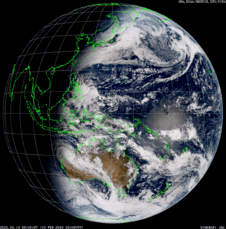 Animation of severe tropical cyclone Zelia making landfall, true colour daylight hours only. February 13 and 14 2025. Images from JMA.