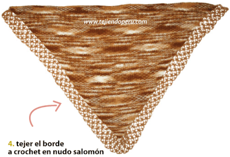 chal en dos agujas con borde en crochet en nudo salomón