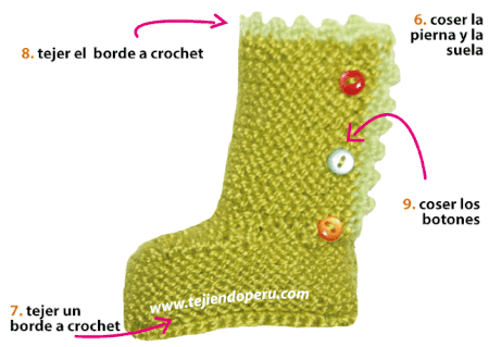 Cómo tejer botitas abiertas a un lado en dos agujas o palitos para bebes