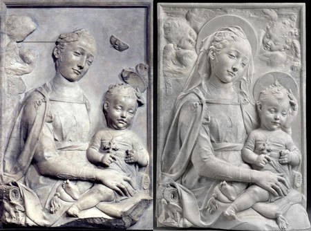 Antonio Rossellino, Madonna mit Kind, ca. 1450, Marmor, Zustand nach der Rückführung aus der Sowjetunion 1958 und Zustand nach der Restaurierung 2012, Foto: J. P. Anders, Berlin und Antje Voigt, Berlin