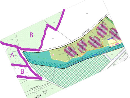 Quartierplan mit neuer Naturschutzzone (dunkelgrün) und den angrenzenden Schutzbereiche A und B (violett)