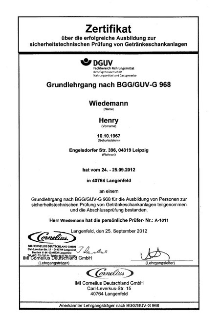 Zertifikat Getränkeschankanlagenprüfung