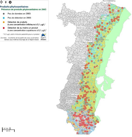 Cartographie de l’APRONA montrant les concentrations de phytosanitaire en 2003 (µg/L)