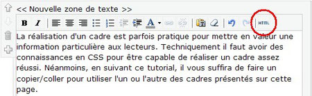 Bouton HTML sur l'éditeur de texte Jimdo