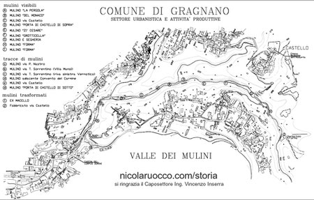 Cartina del posizionamento dei mulini lungo la Valle, sia quelli visibili, sia quelli di cui rimangono soltanto delle tracce. Riproduzione riservata