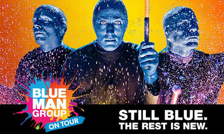 Blue Man Group show LOGO featuring the faces of men in blue makeup