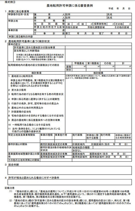 農地転用許可申請に係る審査表例