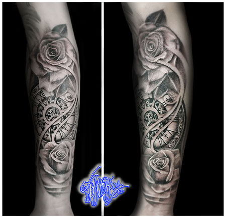 Blue Magic Pins Tattoo shop Belgium Genk custom design realistic black and grey clock with roses