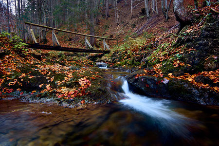 Langzeitbelichtung eines Baches in mitten eines herbstlichen Waldes im Toten Gebirge. Im Vordergrund ist ein kleiner Wasserfall verschwommen durch die Langzeitbelichtung zu sehen, im Hintergrund ein hölzerner Steg.