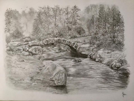 dessin à la mine de plomb du pont gallo romain de senoueix en creuse