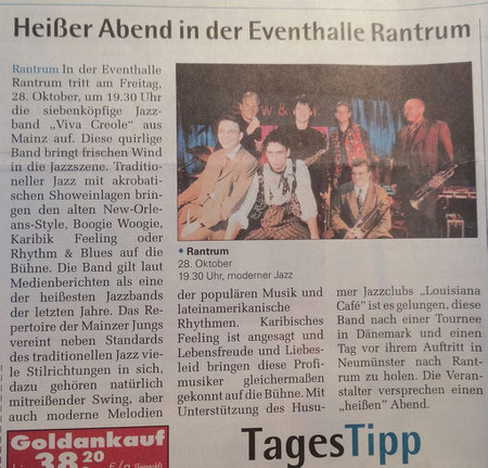 Wochenschau Nordfriesland vom 23.10.2011. Wir hatten das Konzert von VIVA CREOLE in Rantrum organisiert. Leider war der Besuch enttäuschend.