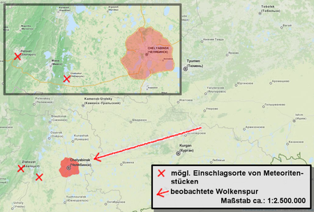 Ungefähre Flugbahn des Meteor bei Tscheljabinsk vom 15. Februar 2013, sowie mögliche Bruchstückfundorte (wikipedia, miko0001)