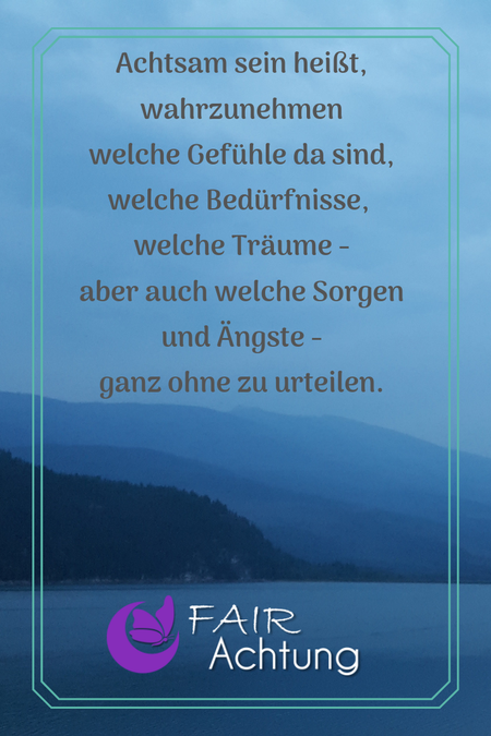 Vor einem kanadischen See in verschiedenen Grautönen steht "Achtsam sein heißt, wahrzunehmen welche Gefühle da sind, welche Bedürfnisse, welche Träume - aber auch, welche Sorgen und Ängste - ganz ohne zu urteilen.