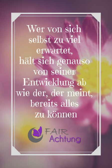 Im Hintergrund ist eine rosafarbene Blume zu sehen. Davor steht: "Wer von sich selbst zu viel erwartet, hält sich genauso von seiner Entwicklung ab, wie der, der meint, bereits alles zu können."