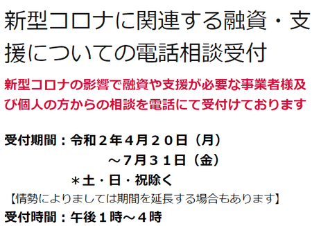 新型コロナに関連する融資・支援についての電話相談受付