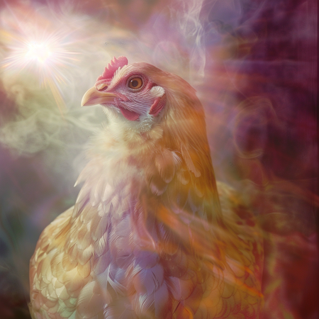 Ein Huhn im Hintergrund ist eine Leuchtquelle zu sehen, rauch und Lichtspiegelungen sind zu sehen, der Hintergrund ist weinrot und pink, grün und weiss