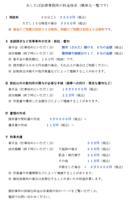 あしたば法律事務所の弁護士費用一覧 相談・着手金・報酬・請求書・契約書・刑事弁護・不起訴・示談