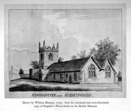 Edgbaston Church. Illustration by William Hamper 1793 in William Dugdale’s Antiquities of Warwickshire 1656 downloaded with kind permission from sally_parishmouse on Flickr. See Acknowledgements for Sally Lloyd’s Parishmouse website.