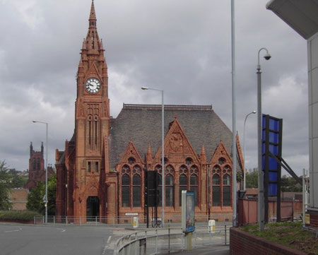 Spring Hill Library, St Peter's Church in the background, Straight ahead is the Dudley Road, to the right is Icknield Street.