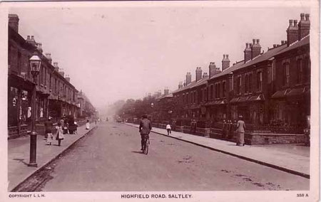 Highfield Road - date unknown. The road took its name from the topmost of Saltley's medieval strip fields. My thanks for the use of this postcard to JKC on the Birmingham History Webring Forum.