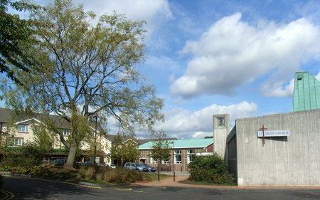 Shenley Fields shopping centre (left); St David's Church (right).