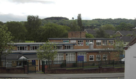 St James RC School, Leach Heath Lane; the Lickey Hills in the background.