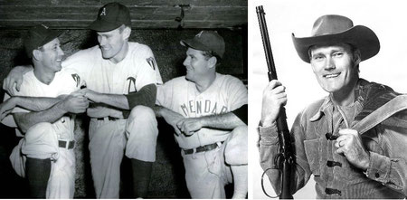 Nella foto di sinistra Kevin “Chuck” Connors (al centro) come baseball player a destra nei panni di Rifleman