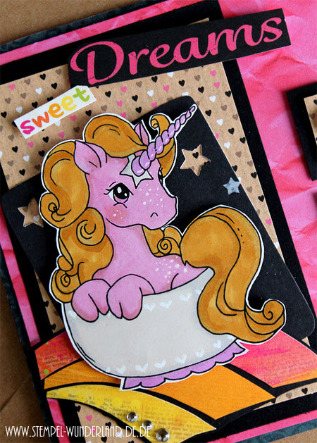 Scrap Roulette Karte Einhorn Geburstag sweet Dreams Einhorn in der Tasse rosa schwarz mit Regenbogen Digi Stamp Stempel handmade by www.stempel-wunderland.de