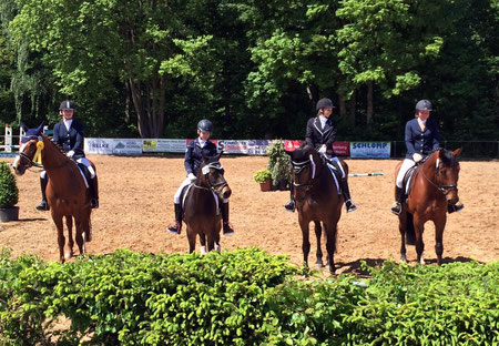 Katja Preis (3.vl) mit Esperianzo und Christina Grebe mit Stajner G (4. vl) platzierten sich in der A* Dressur